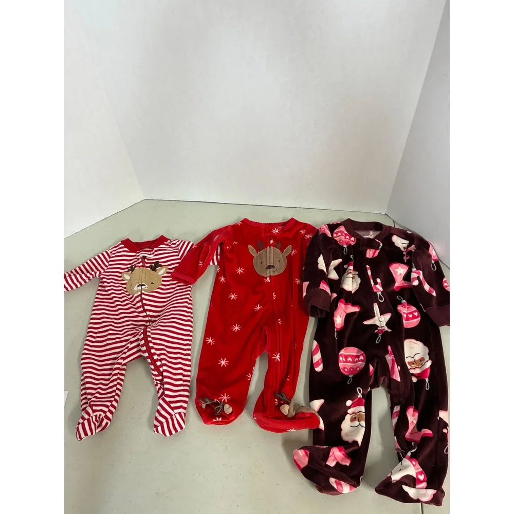 Carters Baby Christmas Pajamas Lot 3 Piece Set 3M 3-6M Reindeer Santa Footie Zip